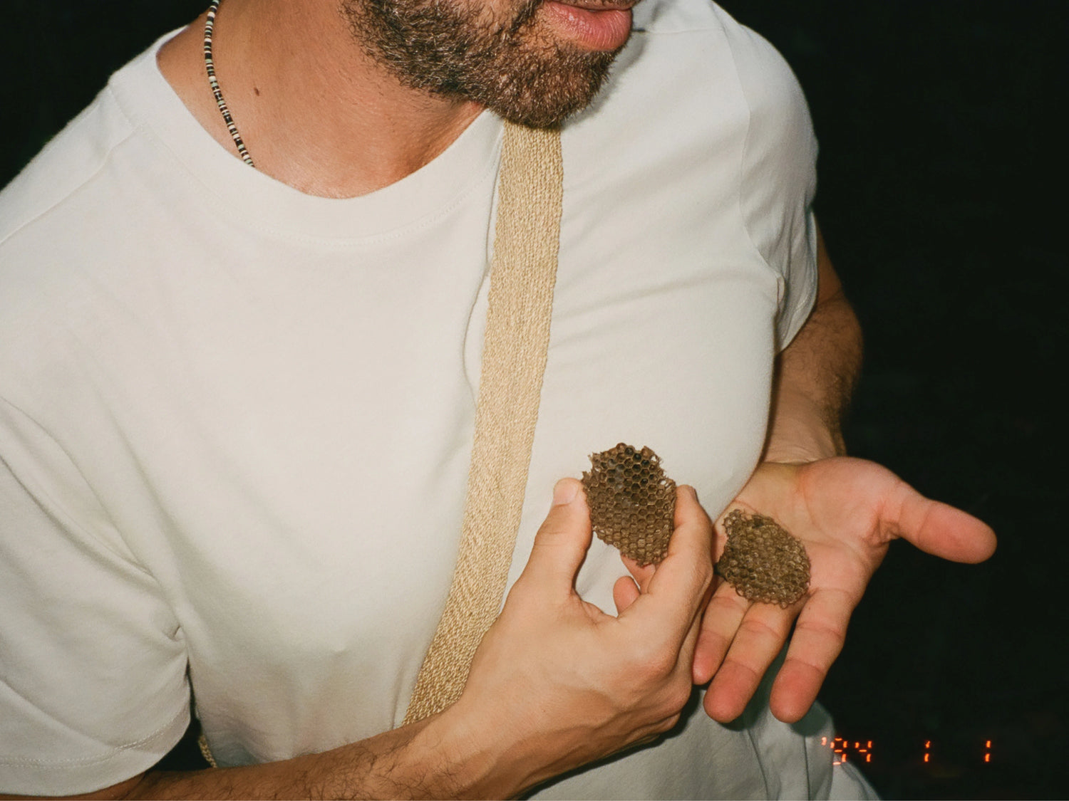 Man wearing an off-white tee in a regular fit, holding two small honeycomb pieces, close-up on chest and hands