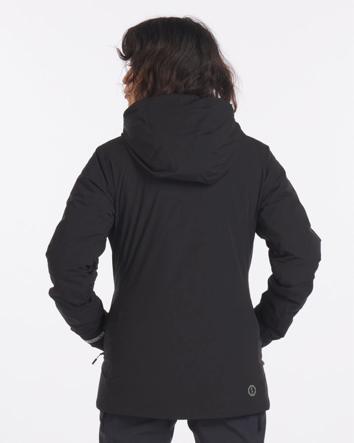 Backside of Model in Apu Women's Black Water Repellent Parka Winter Ski Jacket with Natural PAKAFILL® Insulation – PAKA Apparel