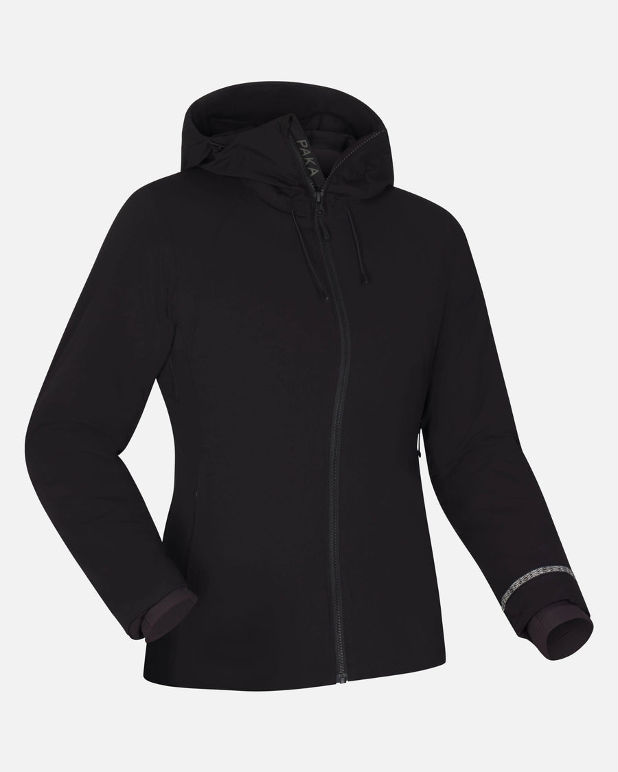 Front 3/4 view of The Original Women’s Apu Parka, zip front, hood, fitted silhouette on light gray background