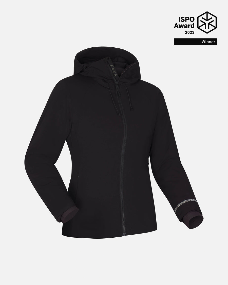 Three-quarter front of Women’s Apu Parka in black showing hooded zip front and cuff detail, ISPO Award 2023 badge, white background