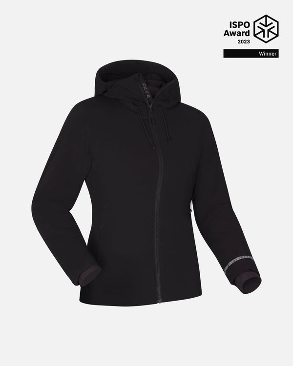 Three-quarter front of Women’s Apu Parka in black showing hooded zip front and cuff detail, ISPO Award 2023 badge, white background