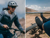 Cyclist riding a trail and a companion reclining with feet up, both wearing dark crew socks outdoors