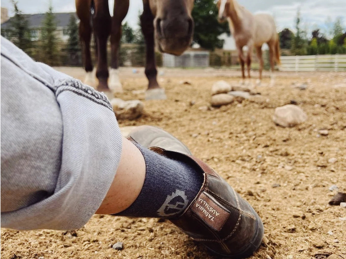 Leg extended wearing dark gray Trail 3/4 crew performance sock and brown slip-on shoe on dirt, horses stand in blurred paddock background