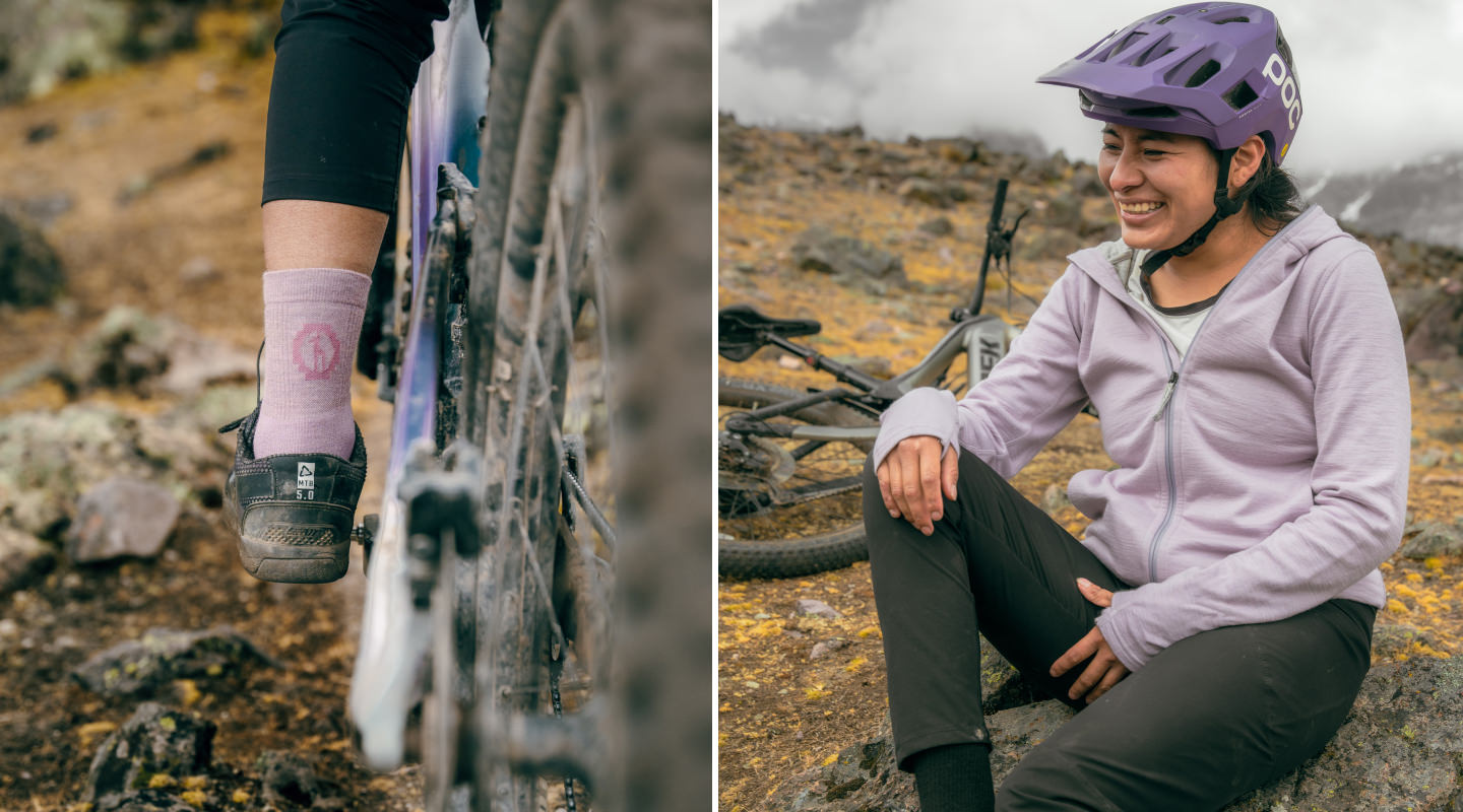 Close-up of crew trail socks on a person’s legs by a tree and a seated mountain biker wearing the same socks on a trail