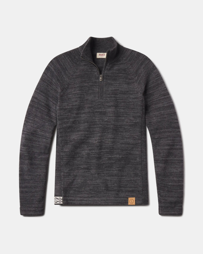 The Quarter Zip front flat view, charcoal heather alpaca sweater with quarter-zip collar, long sleeves, leather hem patch on gray background