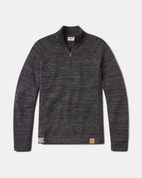 The Quarter Zip front flat view, charcoal heather alpaca sweater with quarter-zip collar, long sleeves, leather hem patch on gray background
