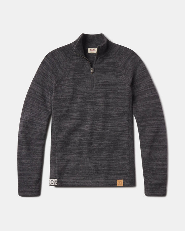 The Quarter Zip front flat view, charcoal heather alpaca sweater with quarter-zip collar, long sleeves, leather hem patch on gray background