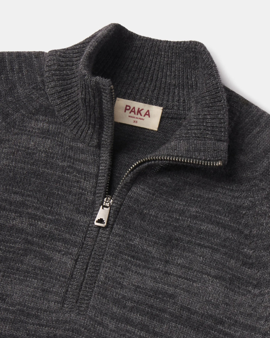 Close-up of The Quarter Zip alpaca wool sweater showing metal half-zip, ribbed stand collar on light gray background