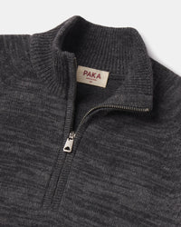 Close-up of The Quarter Zip alpaca wool sweater showing metal half-zip, ribbed stand collar on light gray background