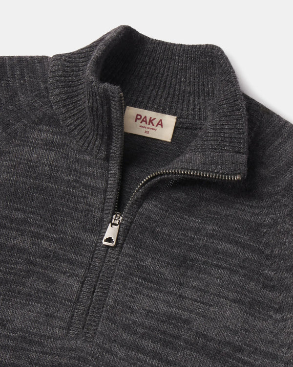 Close-up of The Quarter Zip alpaca wool sweater showing metal half-zip, ribbed stand collar on light gray background
