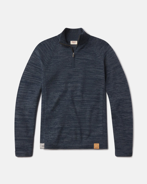 Front flat lay of The Quarter Zip alpaca wool sweater in navy heather showing quarter zip collar and leather logo on white