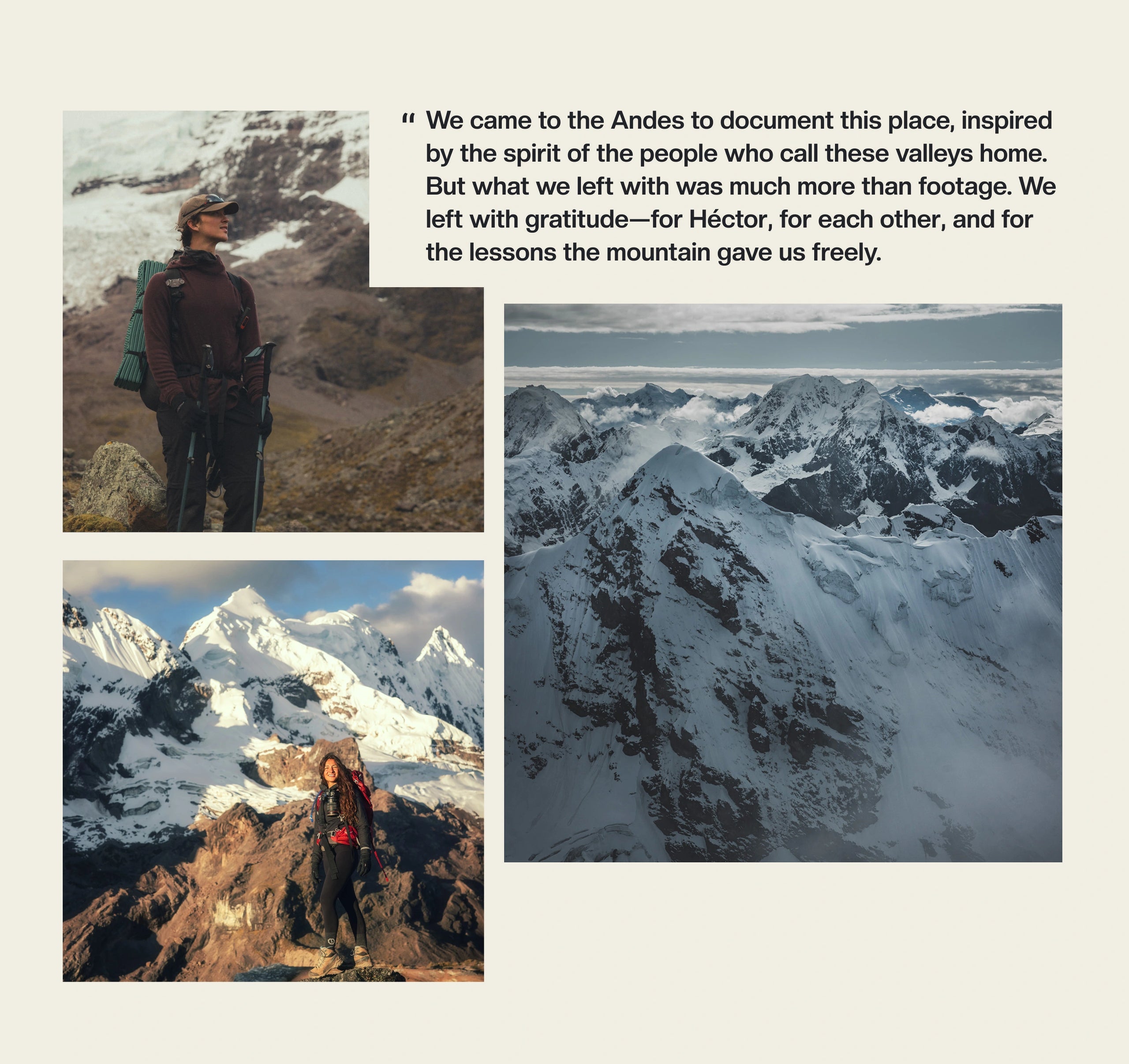 Photo collage showing three trek photos of Ausangate with an overlaid quote about reverence for the mountain