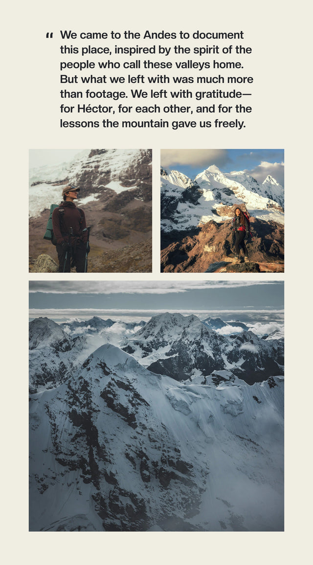 Collage of four Ausangate mountain photos with an overlaid quote about humility and reverence for the Andes