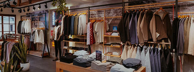 PAKA apparel displayed on racks and shelves inside a cozy retail store interior with folded shirts on a table