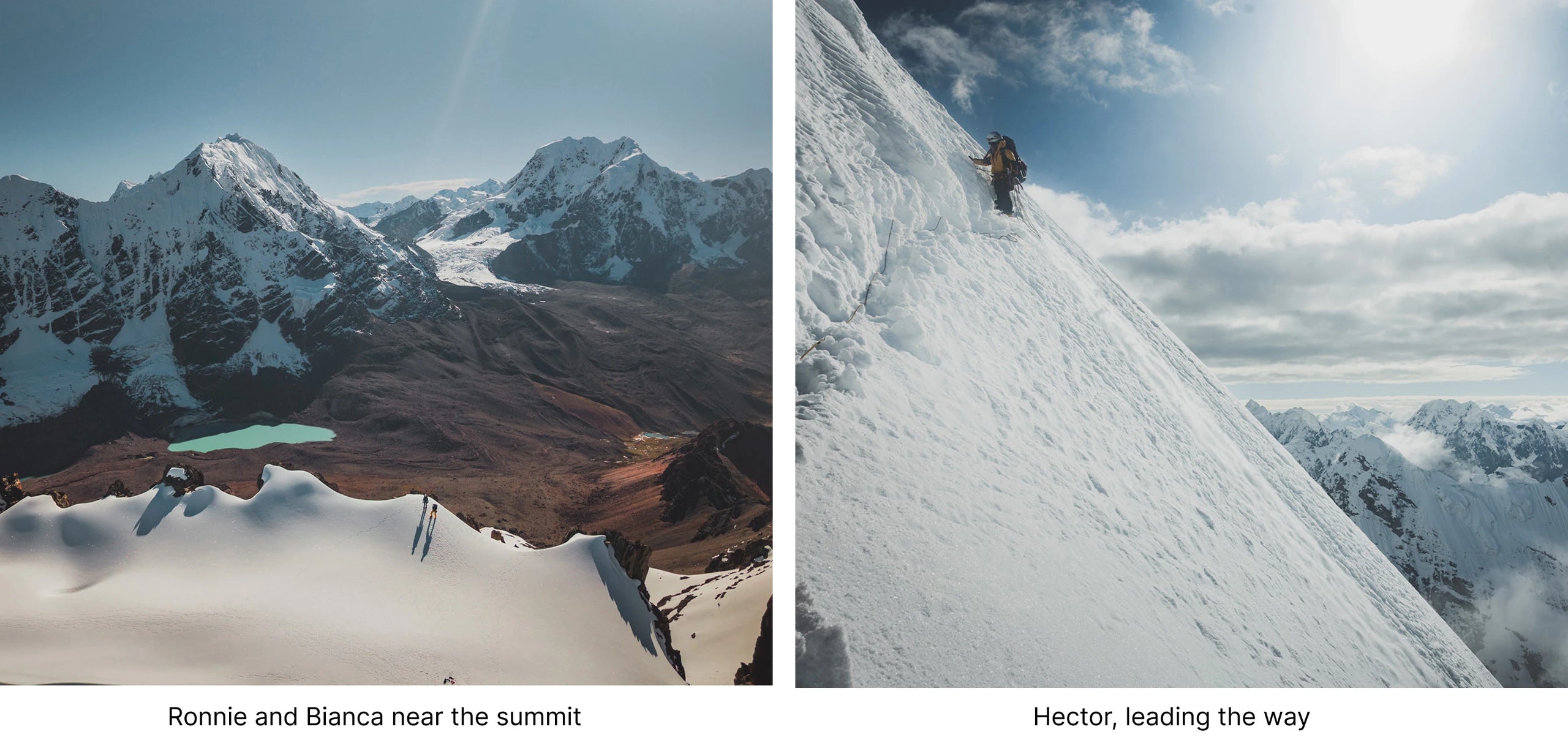 Two landscape photos: left, a snowy mountain valley with a small village; right, a climber crossing a snowy ridge under a bright sky