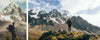 Hiker standing on a rocky ridge looking toward snow-capped mountain peaks under a partly cloudy sky