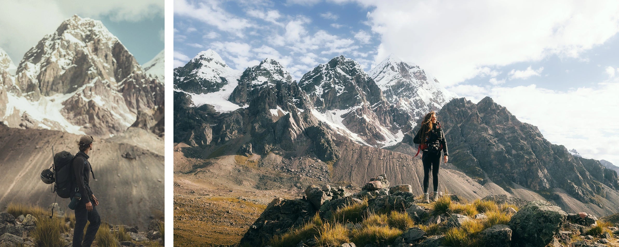 Hiker standing on a rocky ridge looking toward snow-capped mountain peaks under a partly cloudy sky