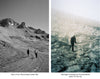 Hiker trekking across a rocky alpine slope toward the snow-covered Cerro El Plomo near Santiago, Chile
