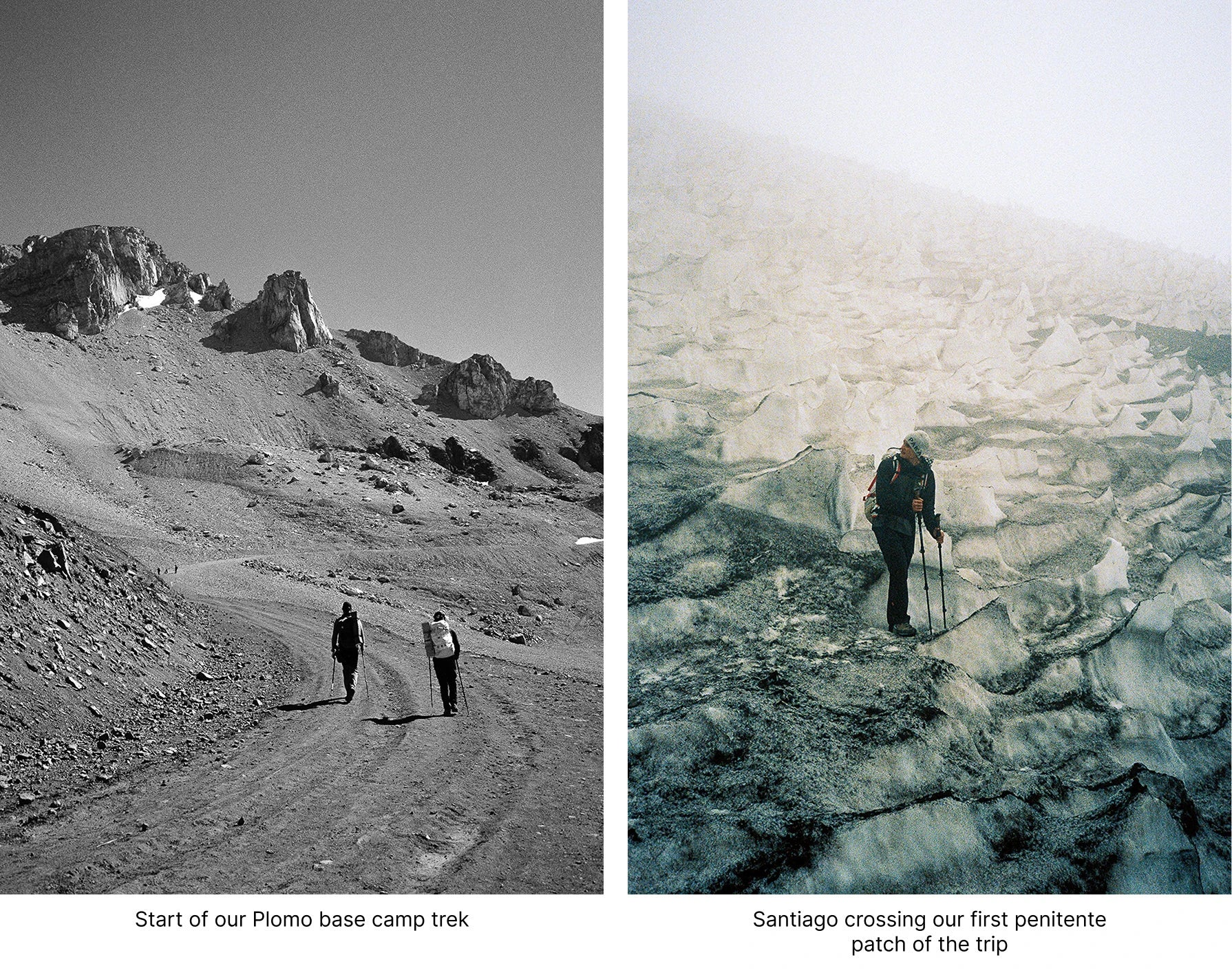 Hiker trekking across a rocky alpine slope toward the snow-covered Cerro El Plomo near Santiago, Chile