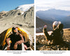 Two climbers standing on a snowy mountain summit with distant Andes peaks and a clear blue sky
