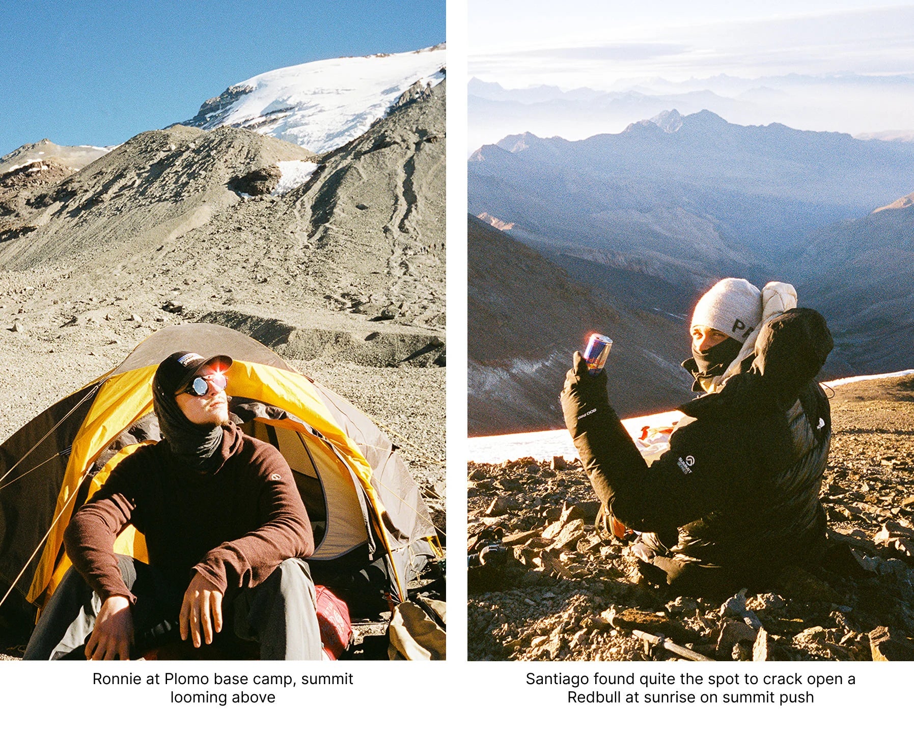Two climbers standing on a snowy mountain summit with distant Andes peaks and a clear blue sky