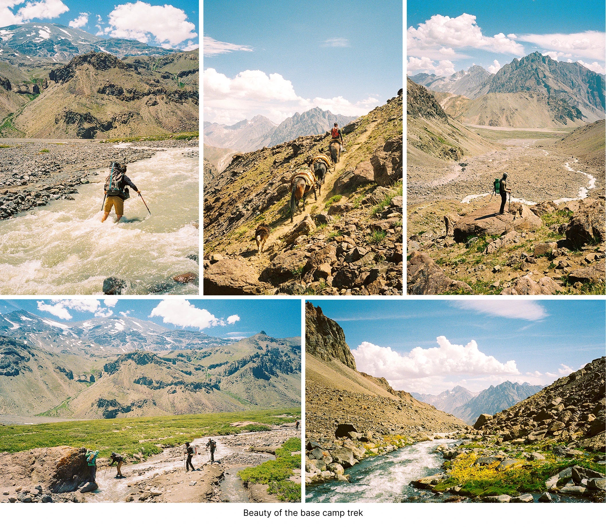 Collage of four photos showing climbers hiking and resting on rocky Andean ridges near Santiago, Chile under clear blue skies