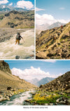 Hiker walking on a mountain trail near Cerro El Plomo in Chile with rocky alpine slopes and distant snow-capped peaks