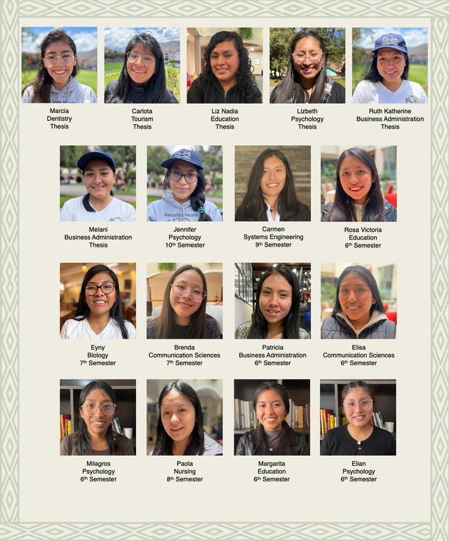 Photo grid showing 17 Peruvian women awarded PAKA’s 2024 scholarships, headshots labeled with names and short captions