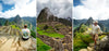 Three panoramic views of Machu Picchu showing stone terraces, Inca ruins, and mountain backdrop