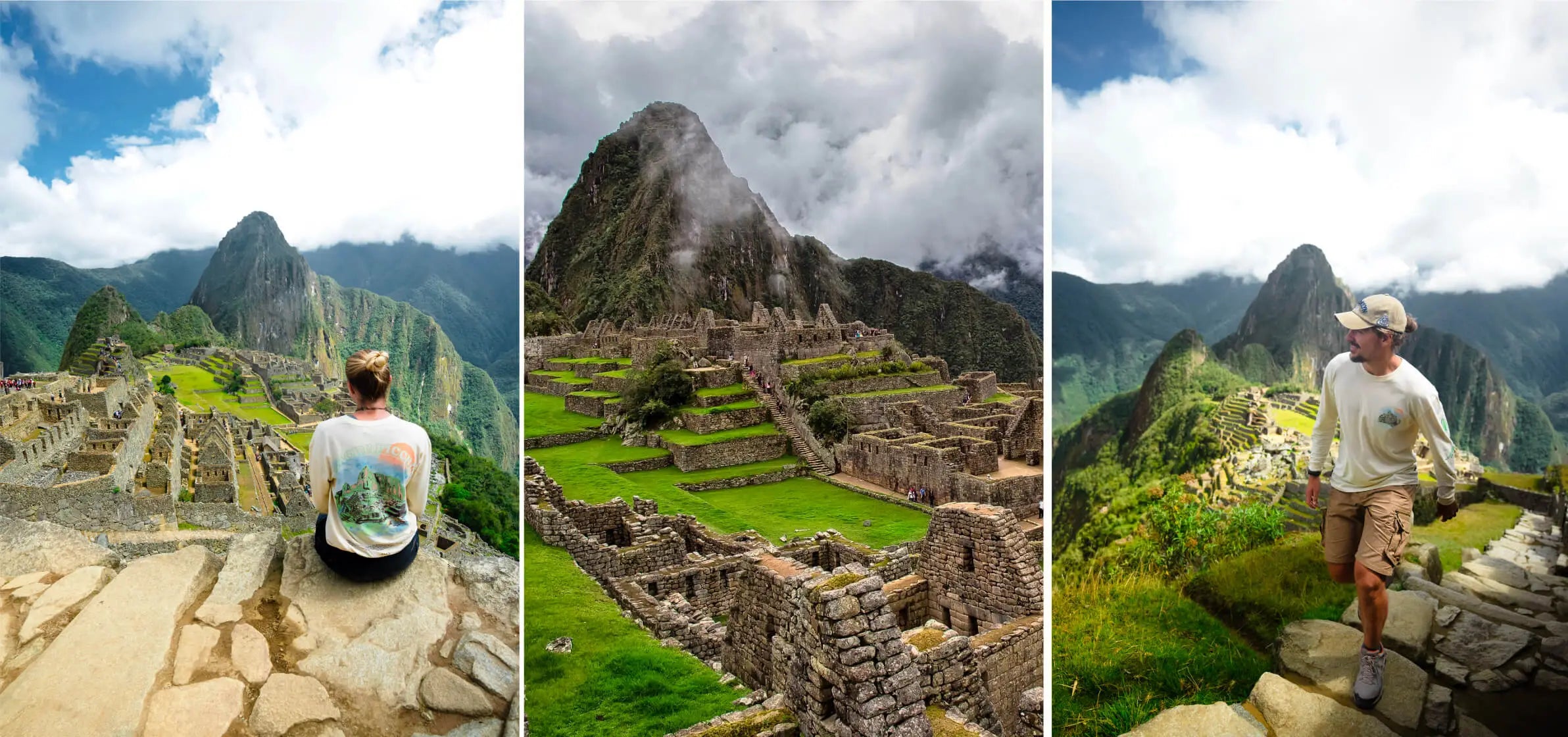 Three panoramic views of Machu Picchu showing stone terraces, Inca ruins, and mountain backdrop
