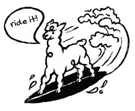 Illustration of Sebastian the Alpaca Surfing and Saying “Ride It!” – PAKA Apparel