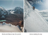 Split image: valley village below snow-capped Ausangate on the left; climber ascending a steep snowy ridge on the right