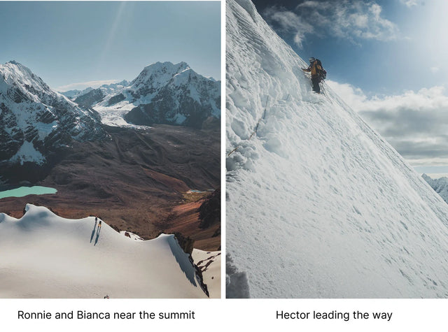 Split image: valley village below snow-capped Ausangate on the left; climber ascending a steep snowy ridge on the right