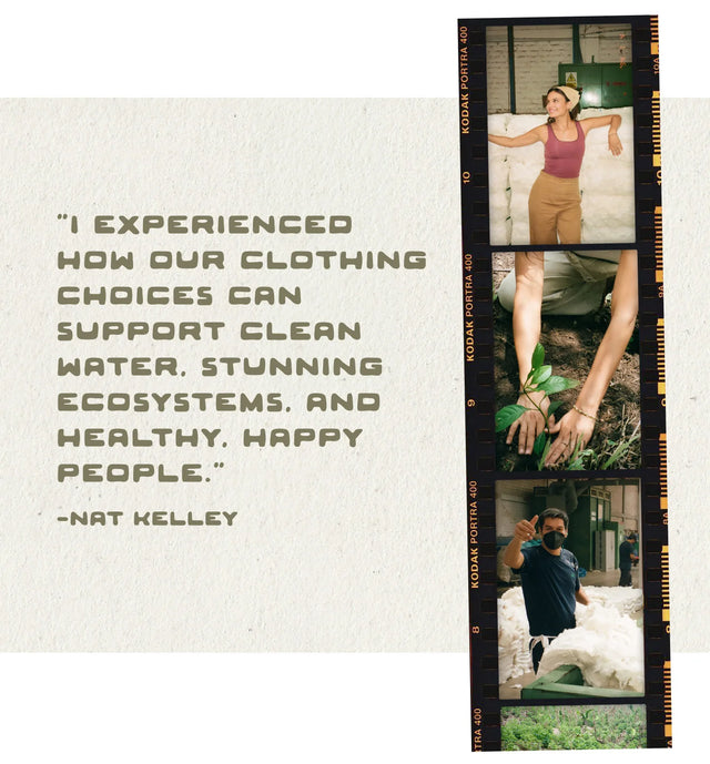 Collage showing a left quote about choosing natural fibers with a vertical strip of travel photos from Peru