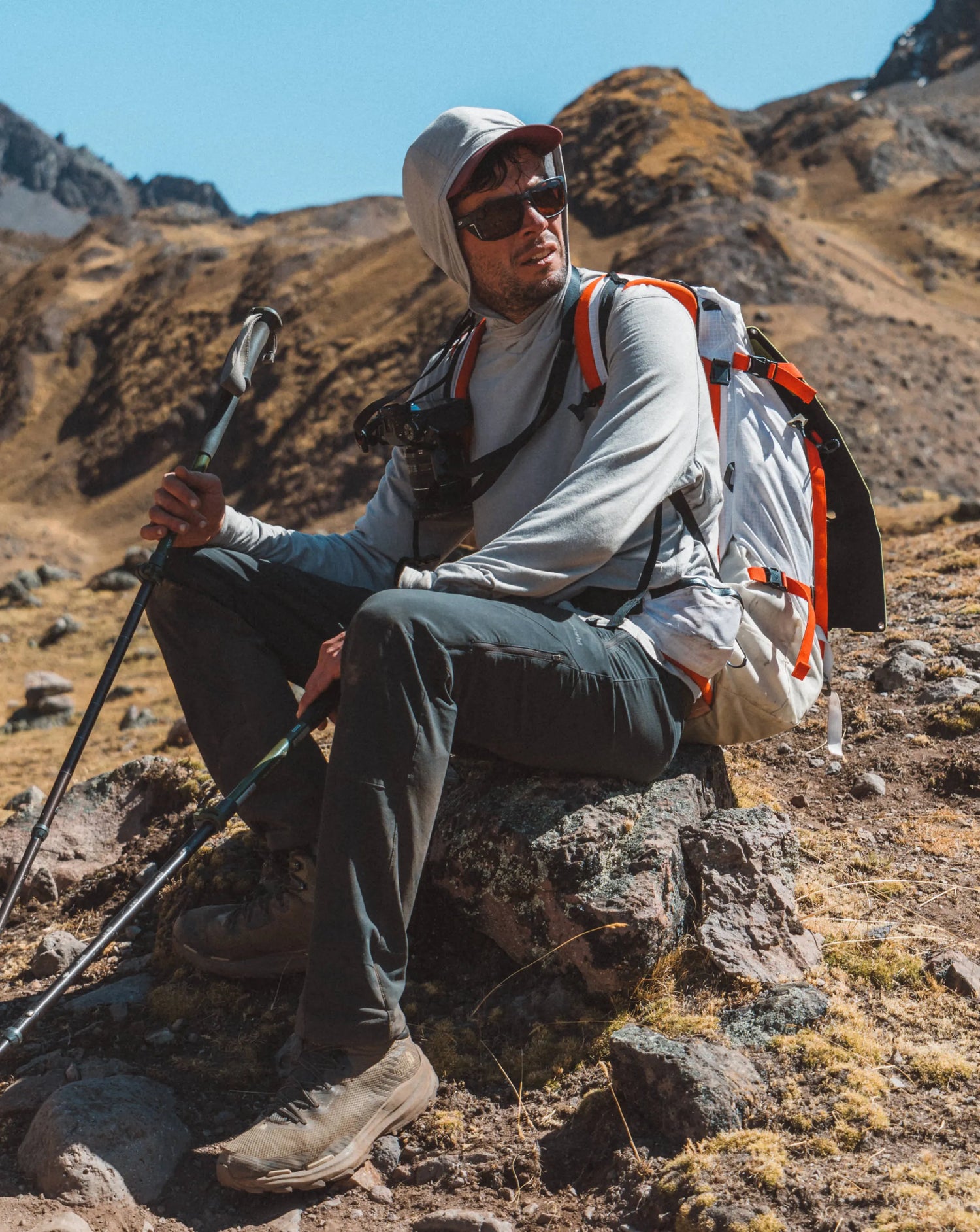 Man Named Louis Hiking with Poles in Heather Grey Sol Men’s Sun Hoodie – PAKA Apparel