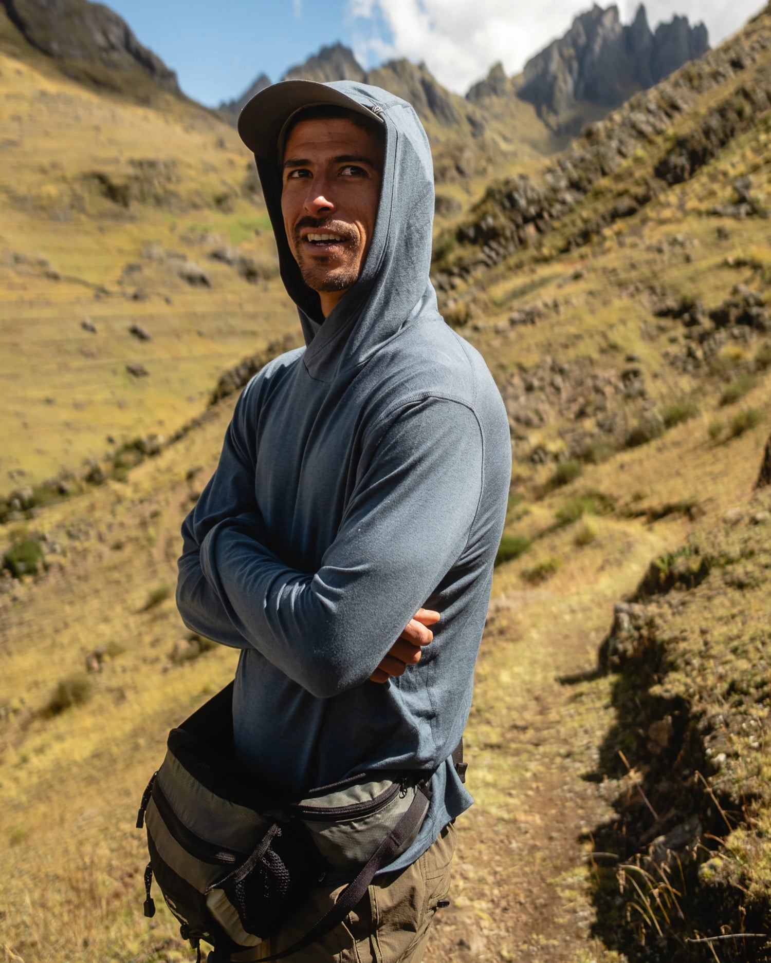 Man Named Gabo in Navy Sol Hiking Sun Hoodie in Mountains – PAKA Apparel