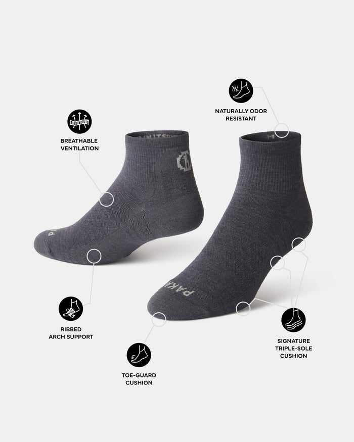 Angled view of Trail 1/4 Crew socks highlighting ventilation, arch support, toe and sole cushioning, and odor resistance