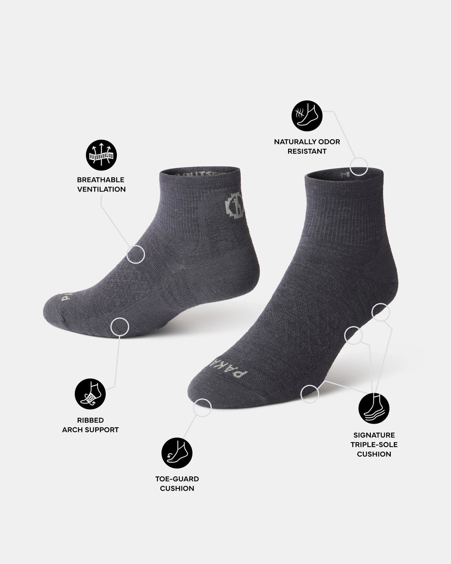Angled view of Trail 1/4 Crew socks highlighting ventilation, arch support, toe and sole cushioning, and odor resistance
