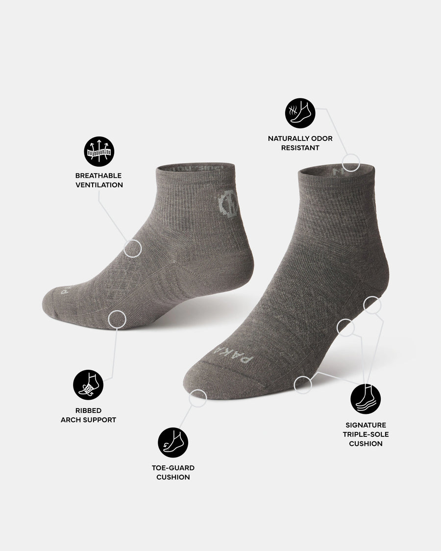 Gray ankle socks with feature icons on a white background