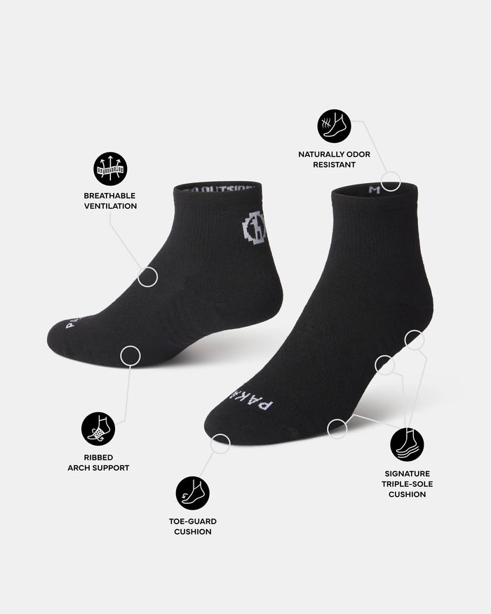 Angled view of Trail 1/4 crew socks showing breathable ventilation, ribbed arch support, toe-guard cushion, odor-resistant fabric