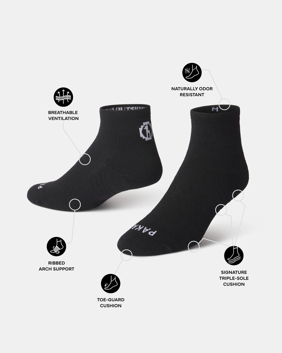 Angled view of Trail 1/4 crew socks showing breathable ventilation, ribbed arch support, toe-guard cushion, odor-resistant fabric