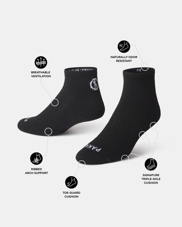 Angled view of Trail 1/4 crew socks showing breathable ventilation, ribbed arch support, toe-guard cushion, odor-resistant fabric