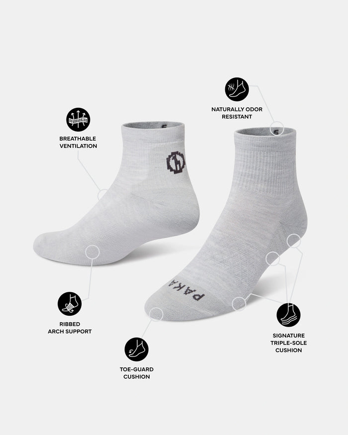 Callout graphic showing Trail 1/4 crew socks with ventilation, arch support, toe guard, odor resistance and triple-sole cushion