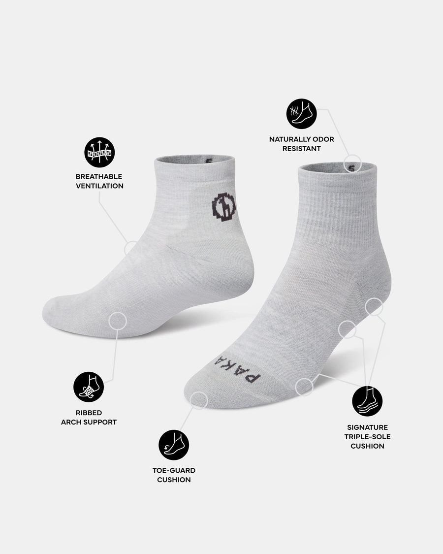 Callout graphic showing Trail 1/4 crew socks with ventilation, arch support, toe guard, odor resistance and triple-sole cushion