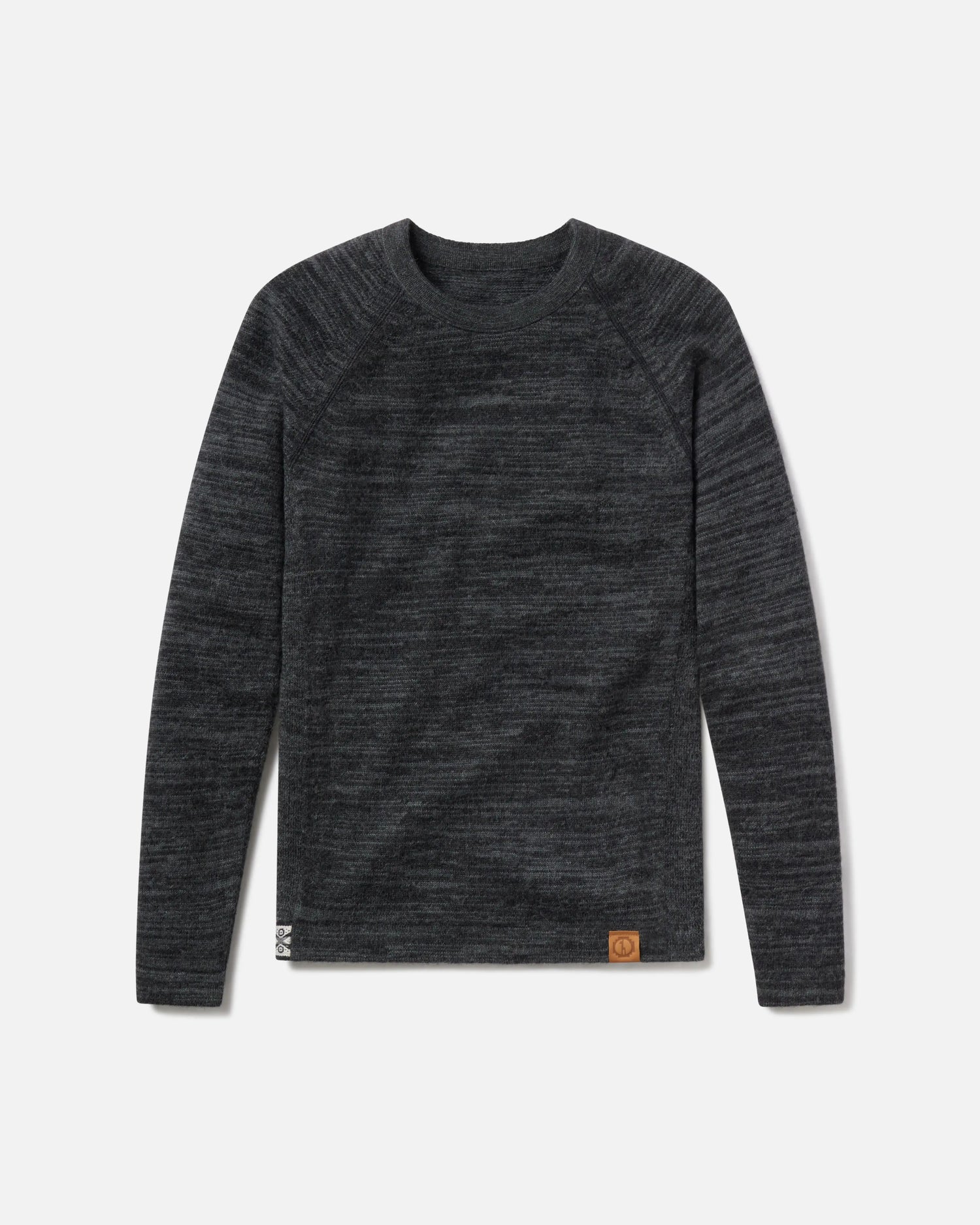 Flat-lay of The Original Crew alpaca crewneck in charcoal marled knit with raglan sleeves and logo tab on white