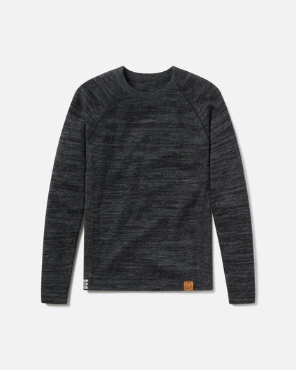 Flat-lay of The Original Crew alpaca crewneck in charcoal marled knit with raglan sleeves and logo tab on white