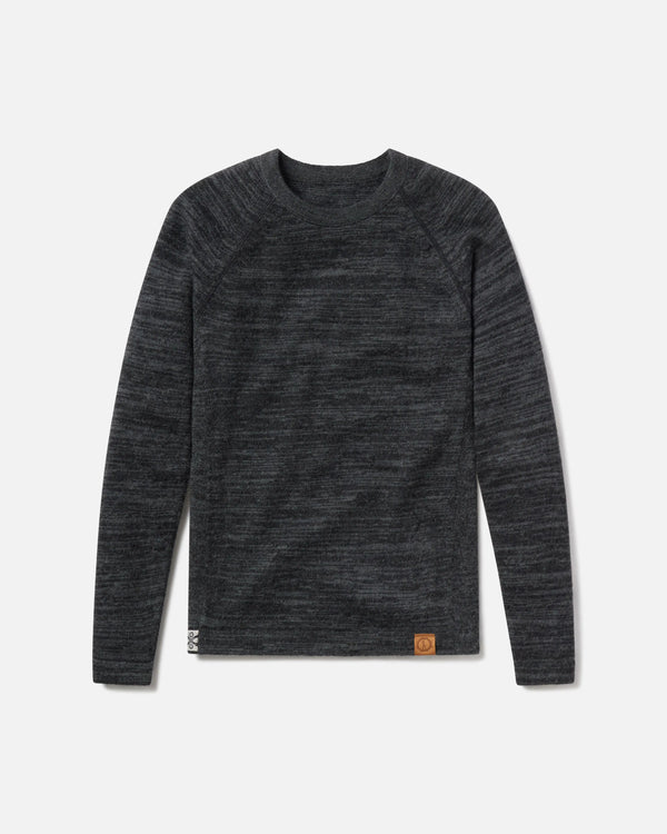 Flat-lay of The Original Crew alpaca crewneck in charcoal marled knit with raglan sleeves and logo tab on white
