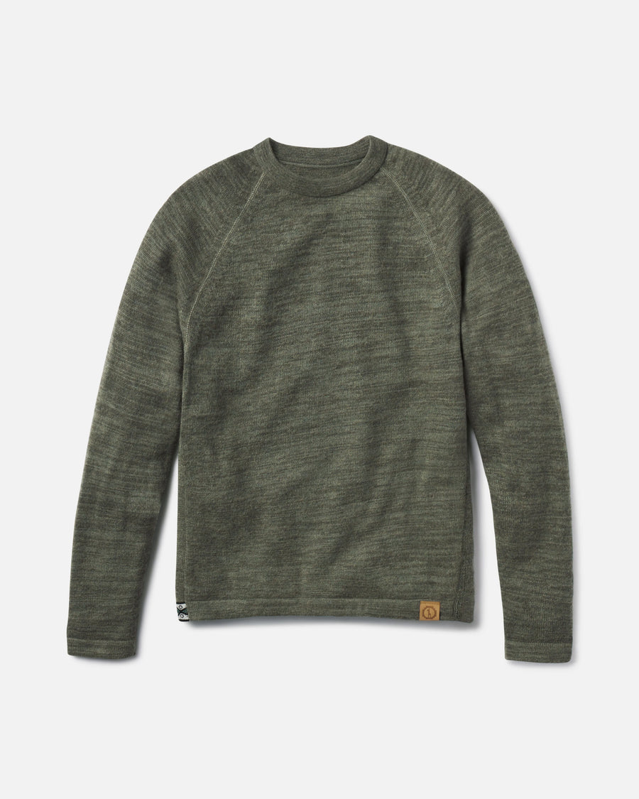 Front view of The Original Crew alpaca wool crewneck sweater showing raglan sleeves and knit texture on light gray background