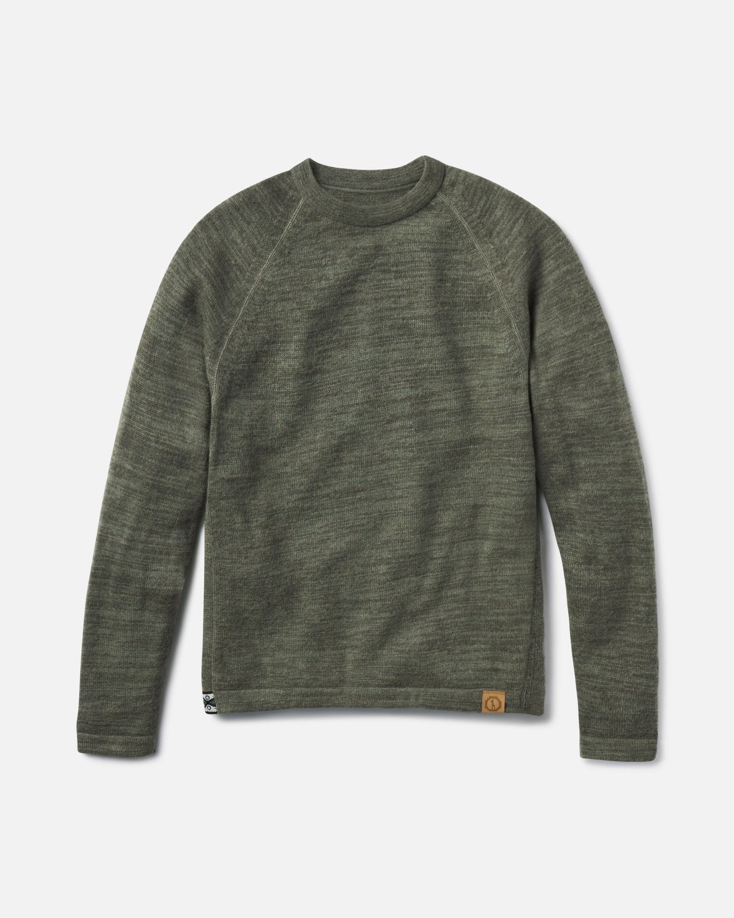 Front view of The Original Crew alpaca wool crewneck sweater showing raglan sleeves and knit texture on light gray background