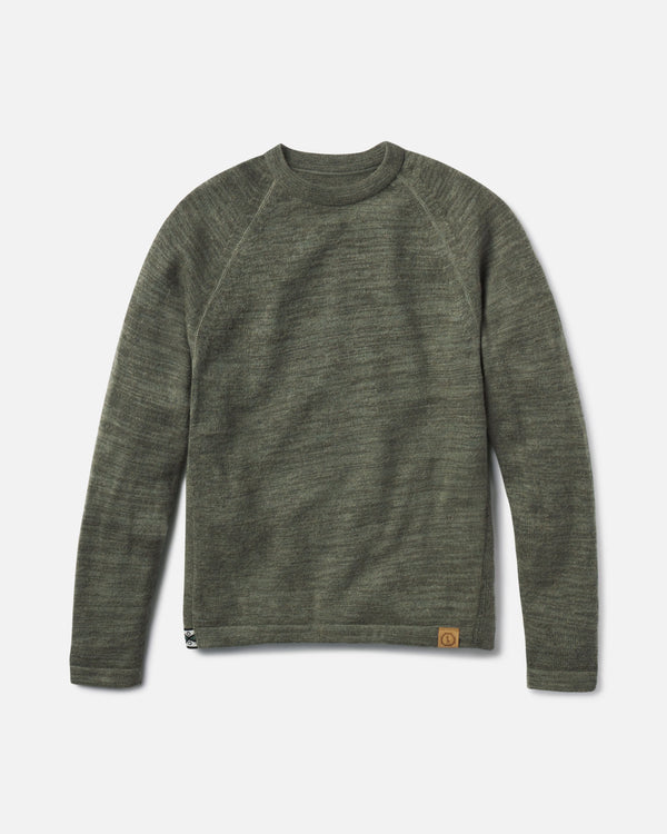 Front view of The Original Crew alpaca wool crewneck sweater showing raglan sleeves and knit texture on light gray background